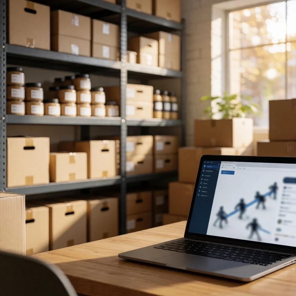 Depósito de e-commerce argentino con estanterías organizadas y portátil