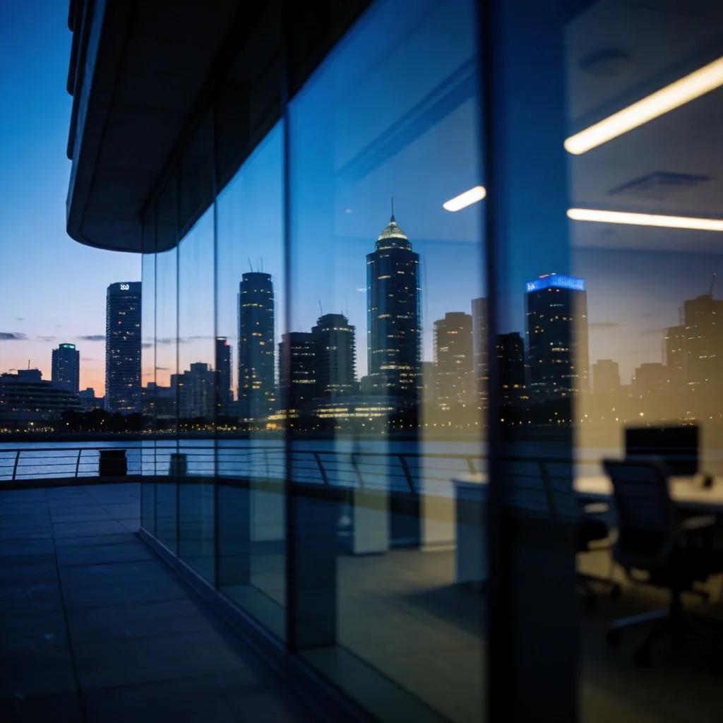 Distrito de negocios de Buenos Aires al atardecer visto a través de una fachada de cristal