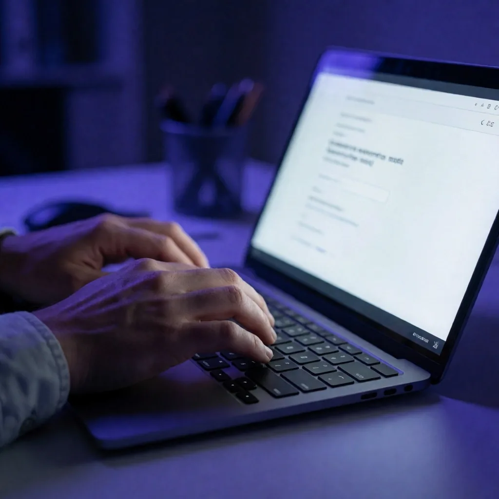 Manos trabajando en un portátil con iluminación índigo