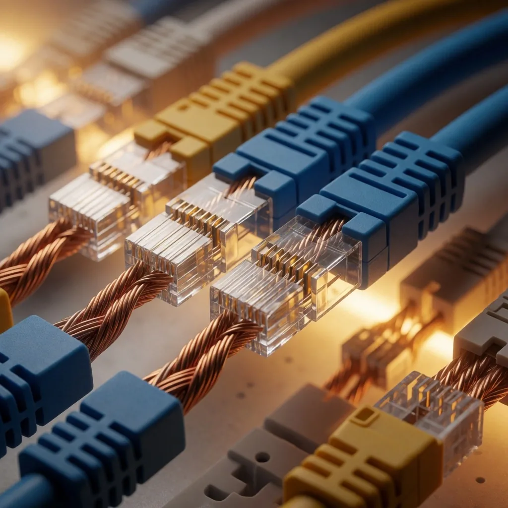 Detalle de cables entrelazados sobre superficie de trabajo