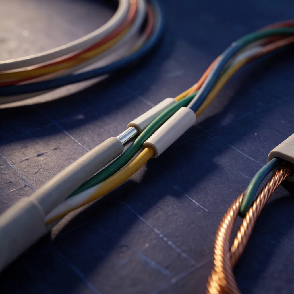 Cables de fibra óptica entretejidos sobre un banco de trabajo