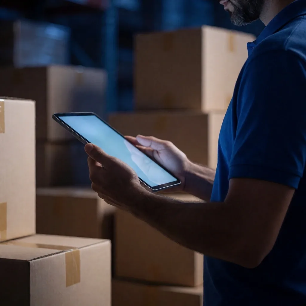 Operario revisando tablet en depósito con cajas de envío