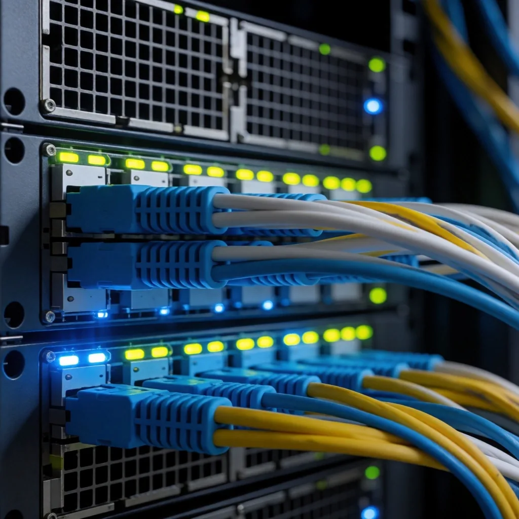 Cables de fibra óptica entrelazados con reflejos índigo
